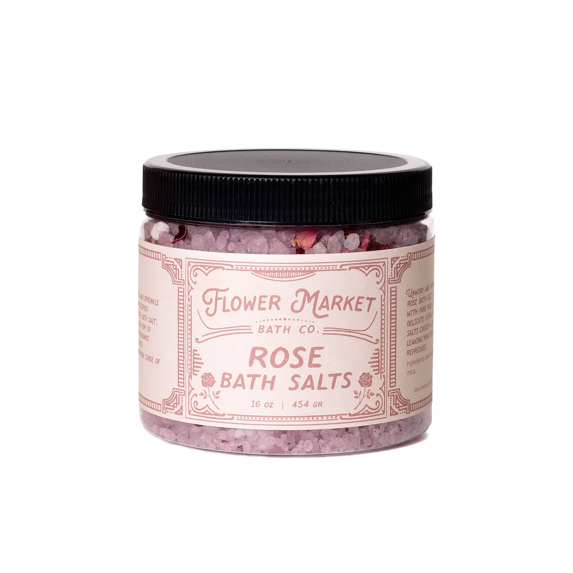 Flower Market Rose Bath Salts 16 oz jar with black lid, pink bath salts gift, Orlando gifting by Blyskt
