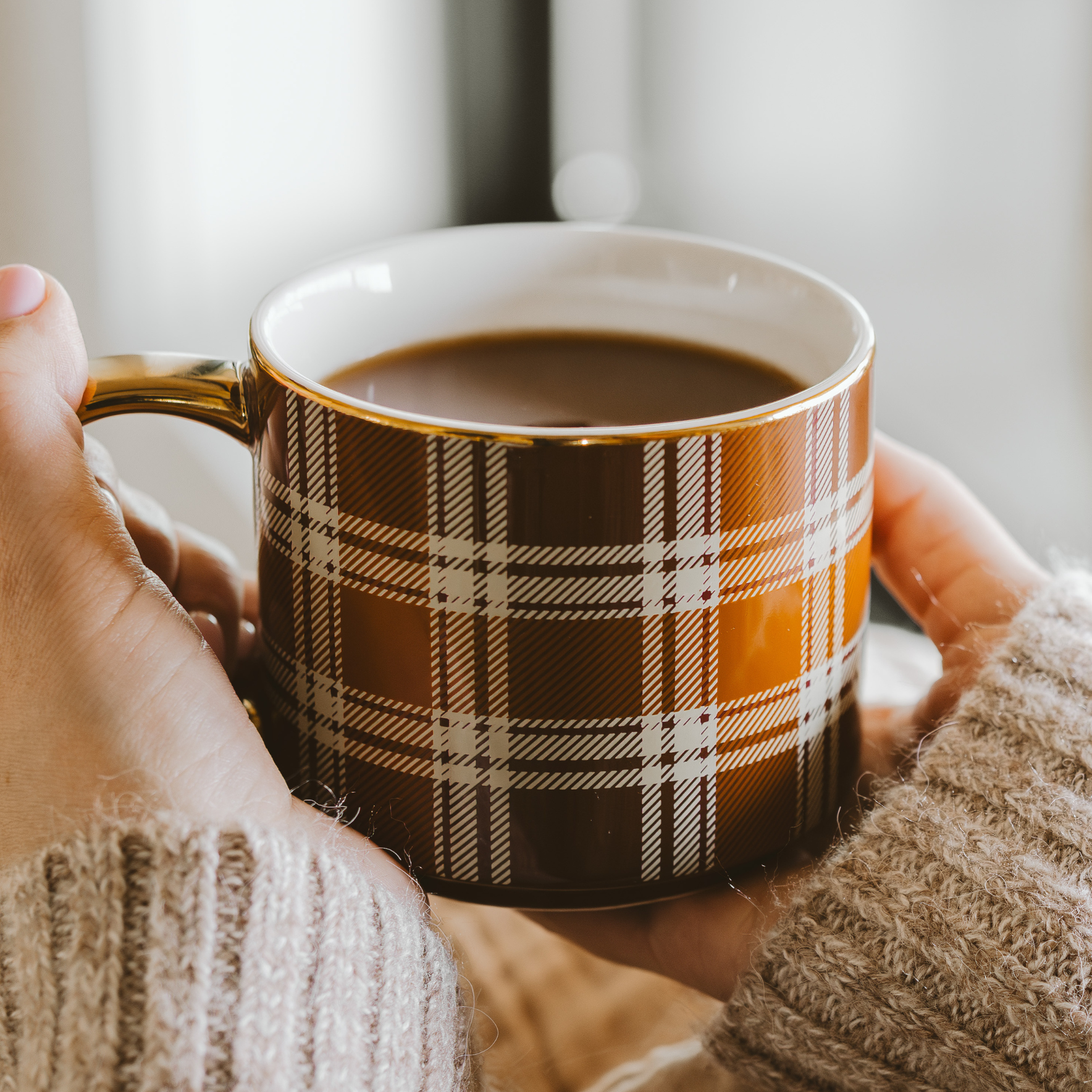 Blyskt Person holding a plaid mug with coffee in a cozy setting