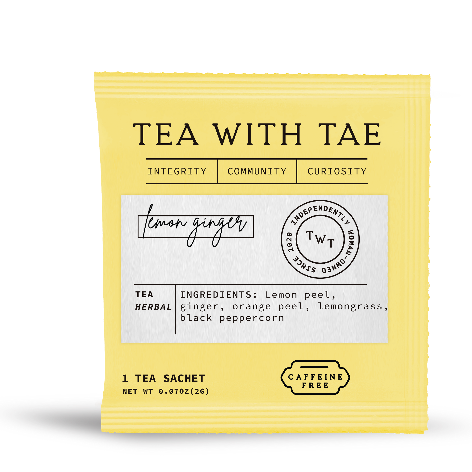 Blyskt Yellow tea sachet with 'Tea with Tae' branding on a white background