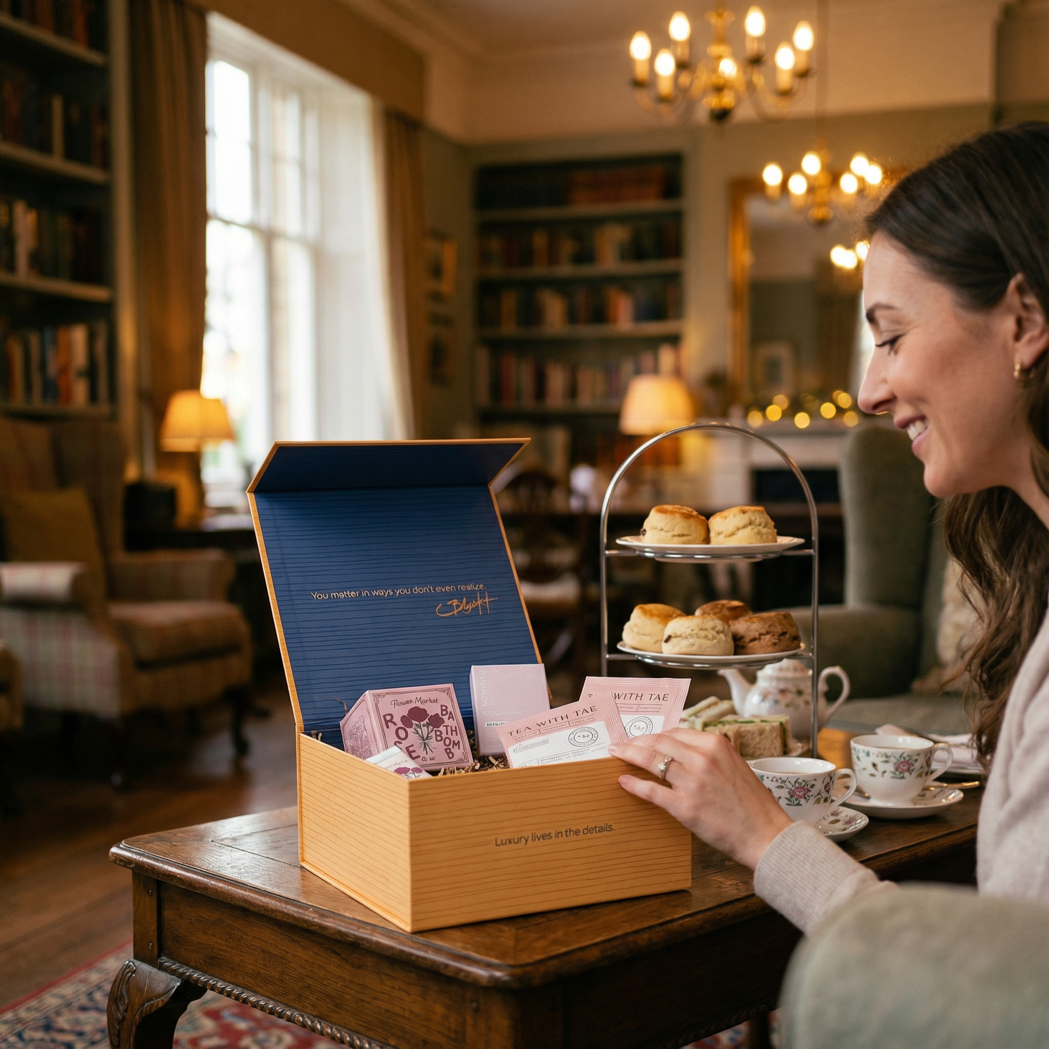 Rose-themed self-care gift box with tea