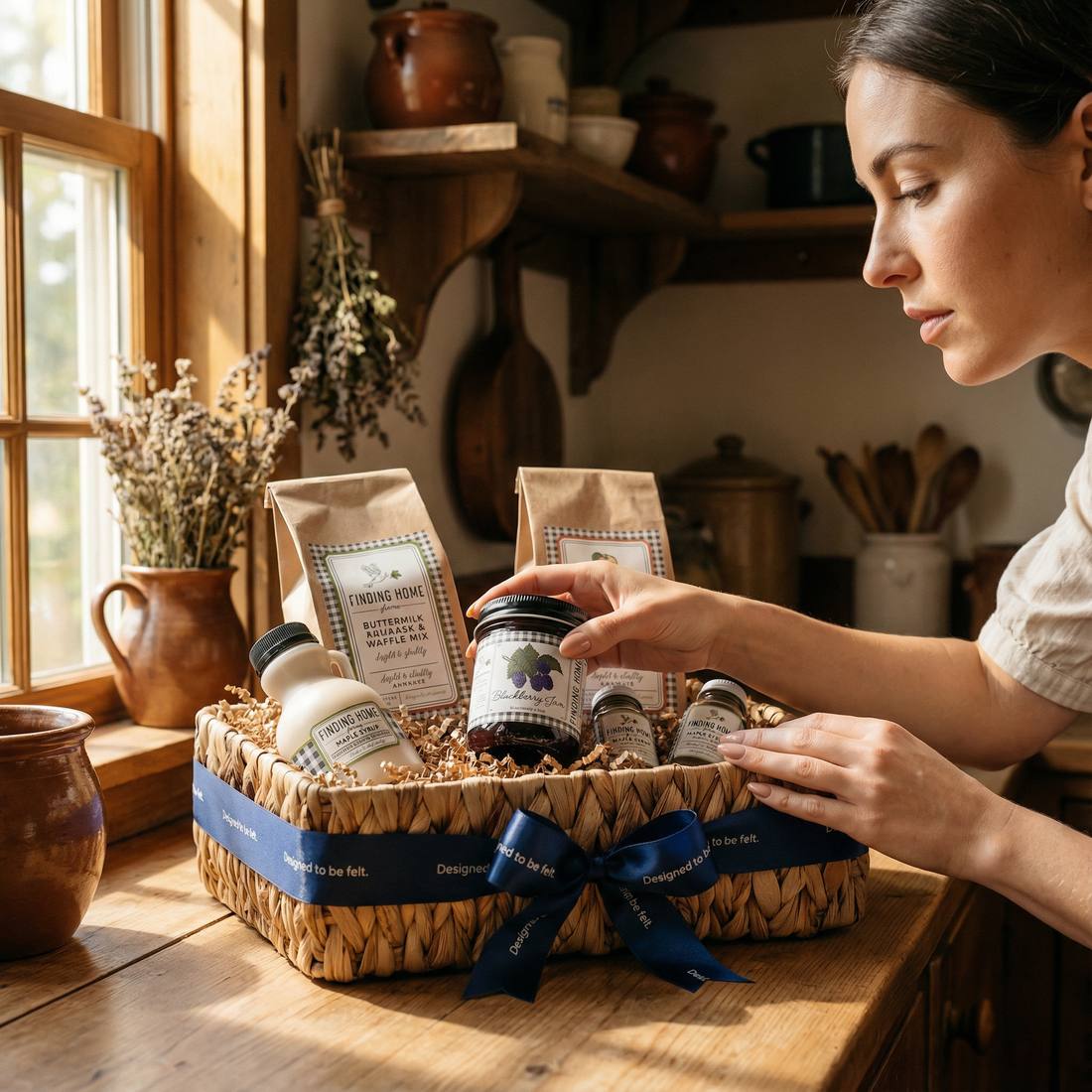 Cozy brunch gift set with pancakes, maple syrup and jam