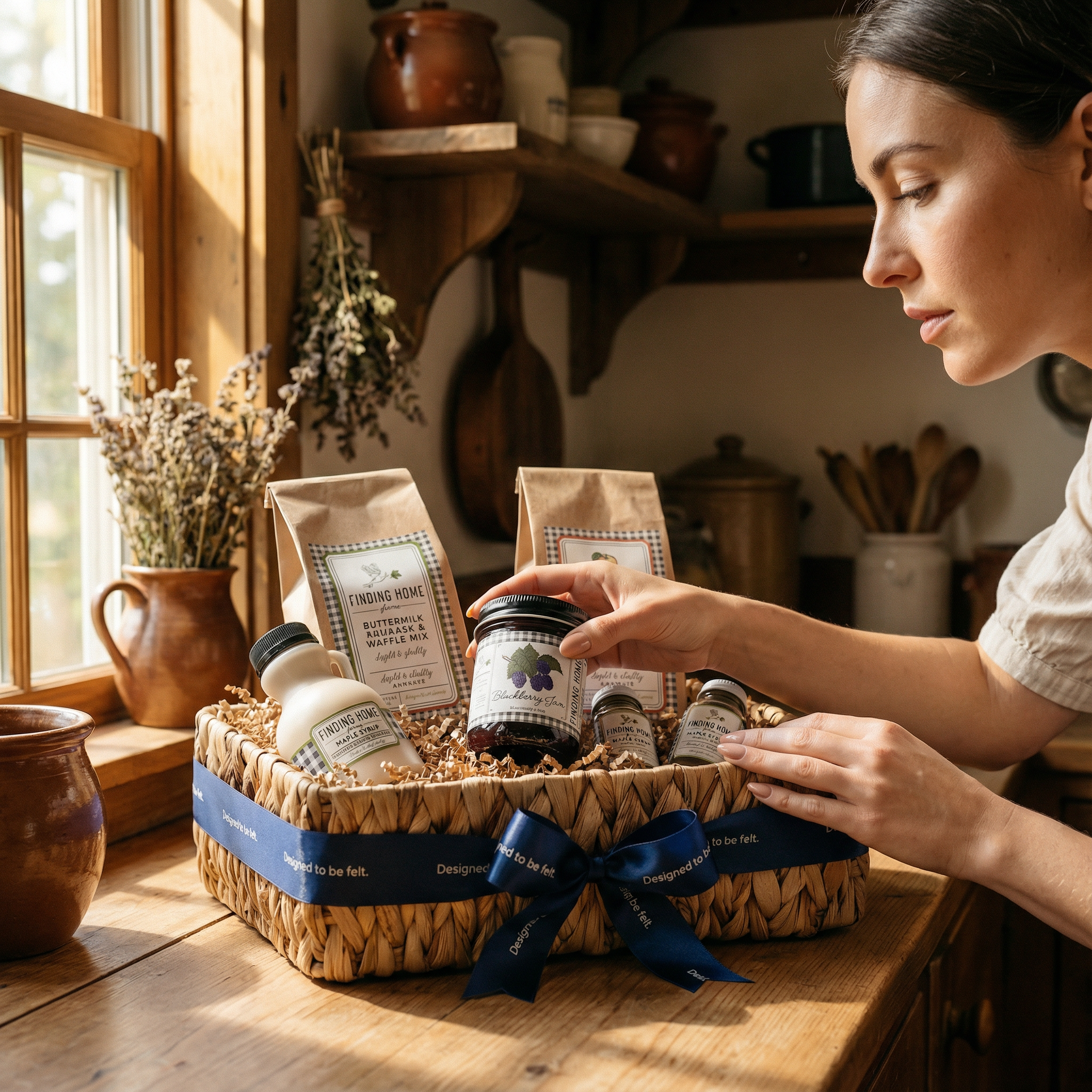 Cozy brunch gift set with pancakes, maple syrup and jam