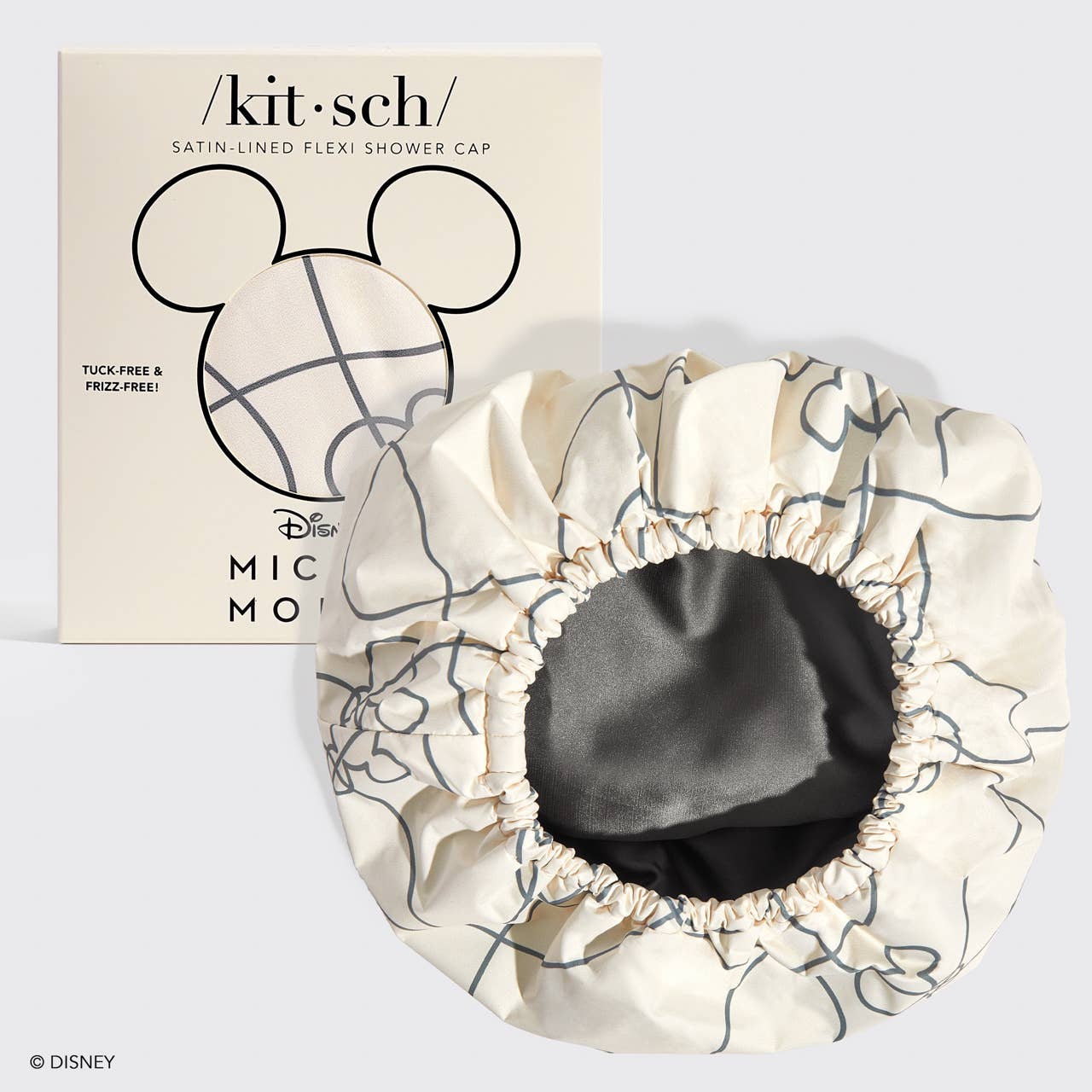 Disney Mickey Mouse satin-lined flexi shower cap in cream with black line art, perfect Orlando gifting by Blyskt