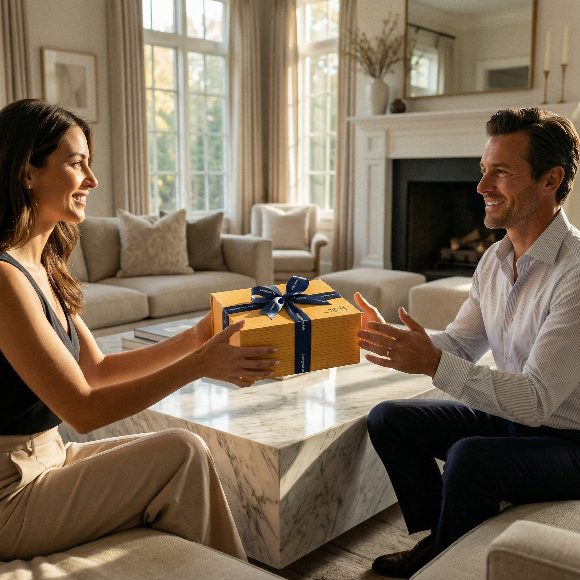 Blyskt Orlando Man and woman exchanging a gift in a cozy living room.