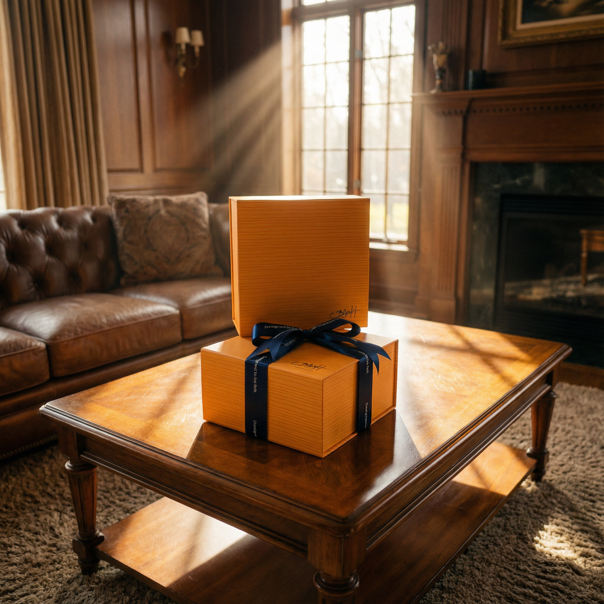 Blyskt Peach gift box with a blue ribbon on a wooden coffee table in a living room.