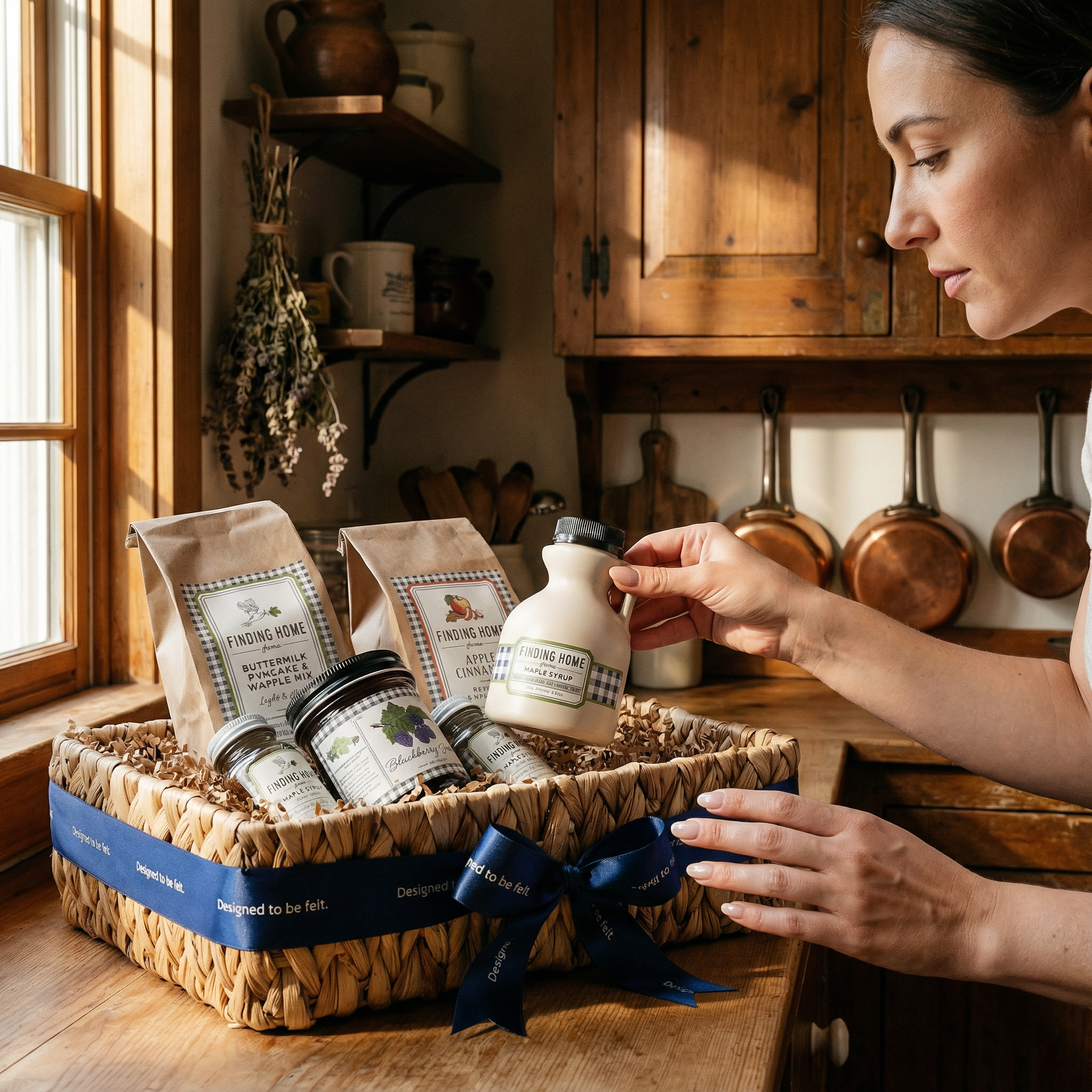 Cozy brunch gift set with pancakes, maple syrup and jam