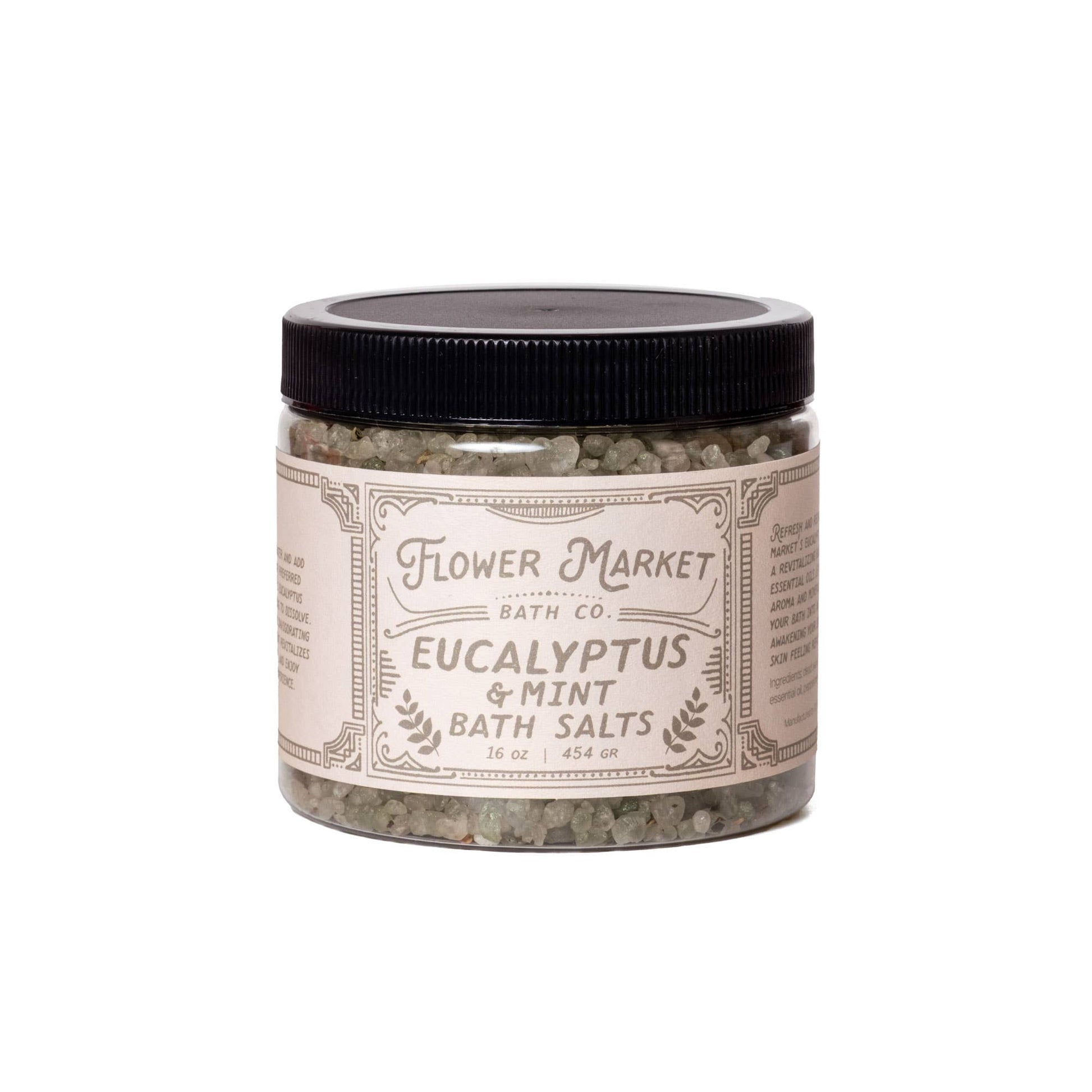 Flower Market eucalyptus and mint bath salts jar with black lid, natural spa gift for Orlando gifting by blyskt