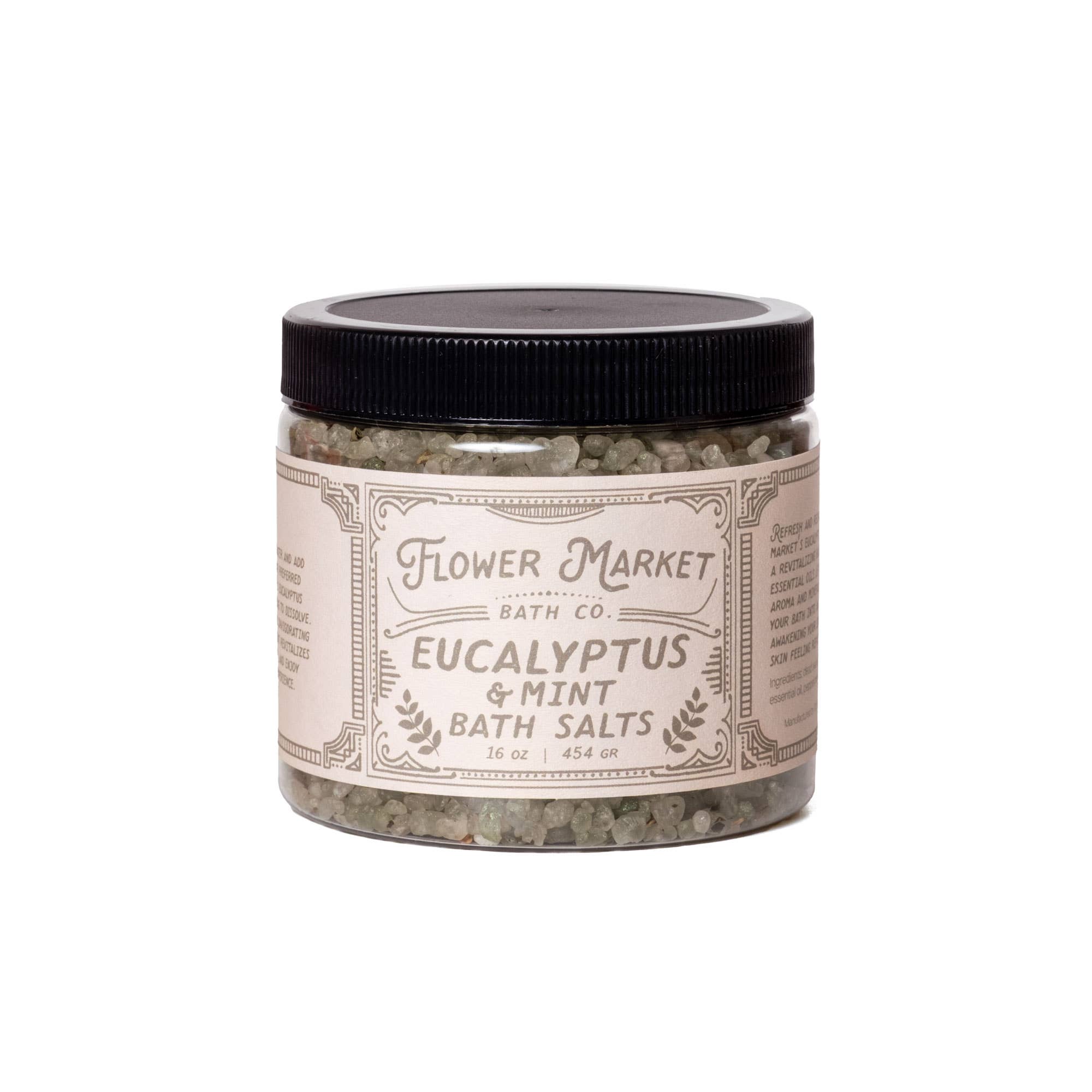 Flower Market eucalyptus and mint bath salts jar with black lid, natural spa gift for Orlando gifting by blyskt
