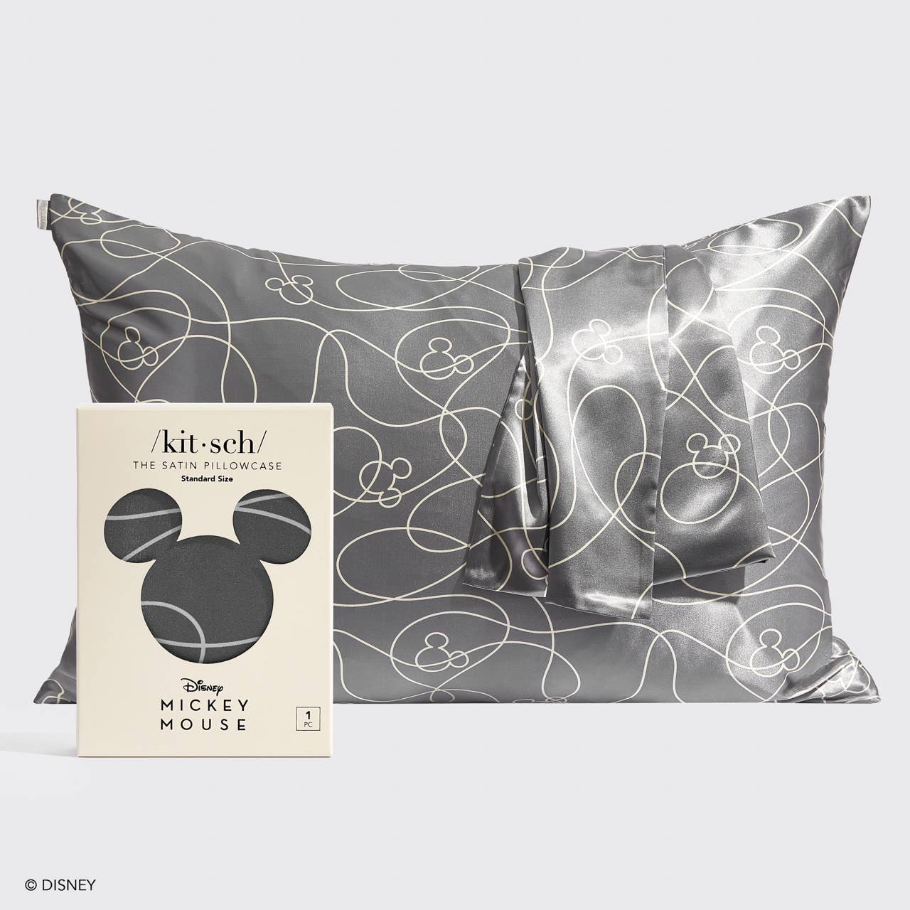 Blyskt Gray satin pillowcase with white patterns and 'kit-sch' packaging on a light gray background