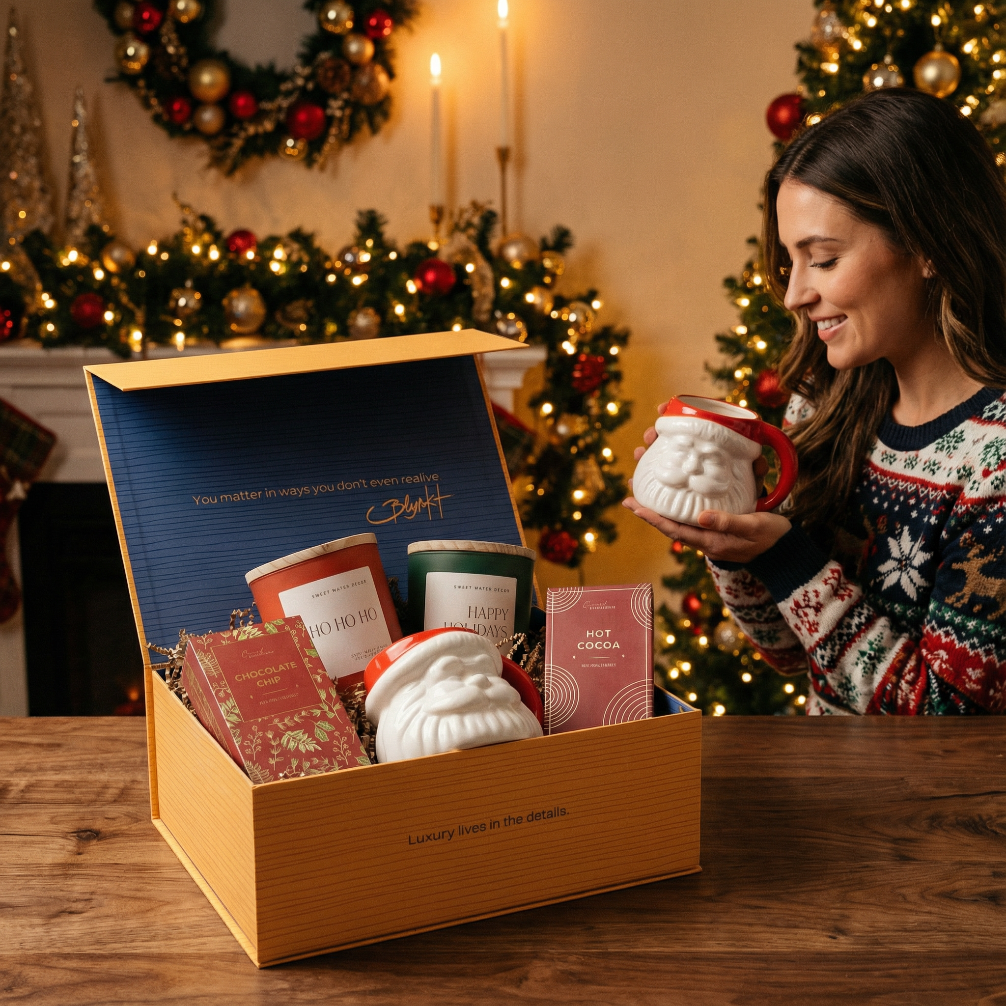Fireside-themed holiday gift set with cocoa and cookies