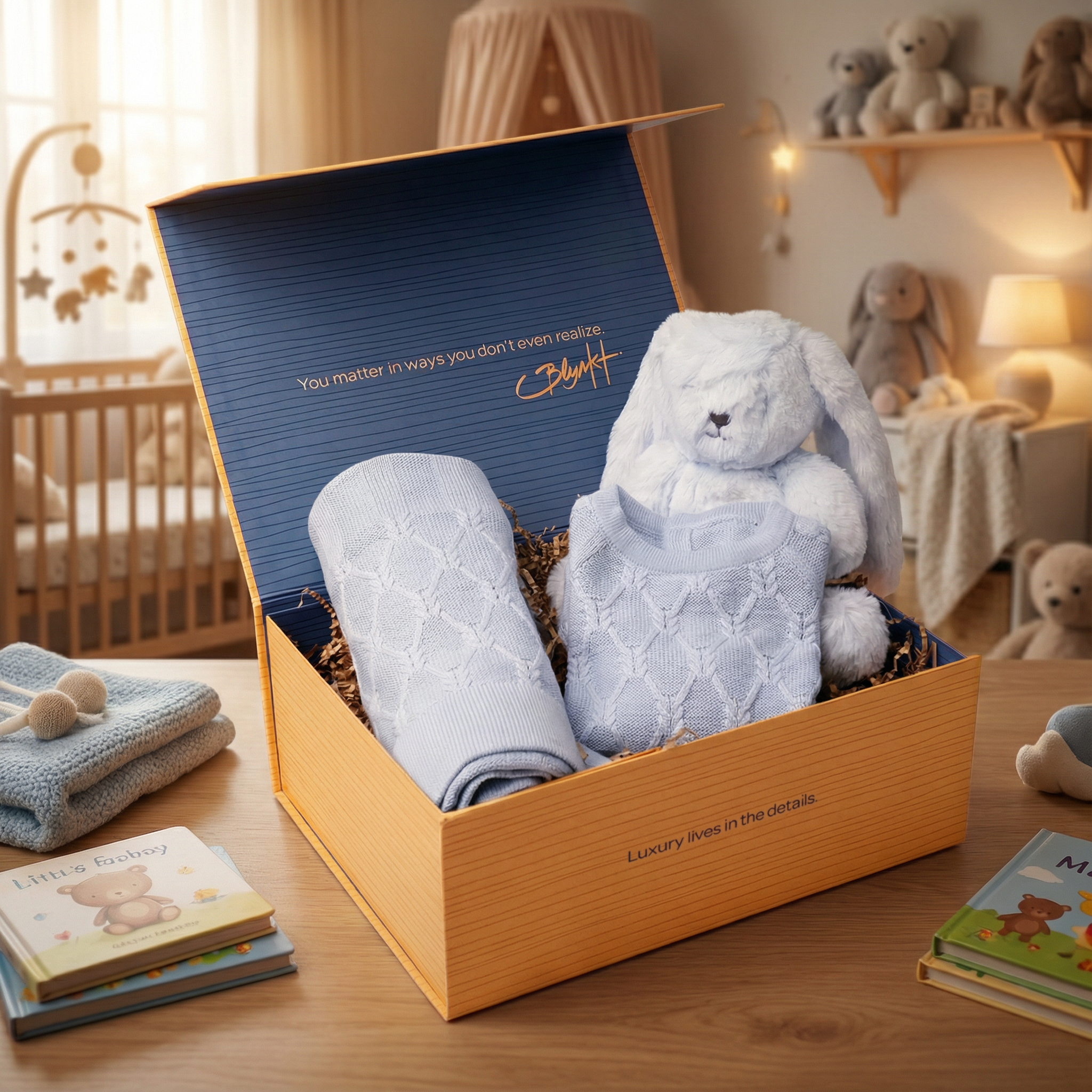 Blue knit baby gift set with plush bunny