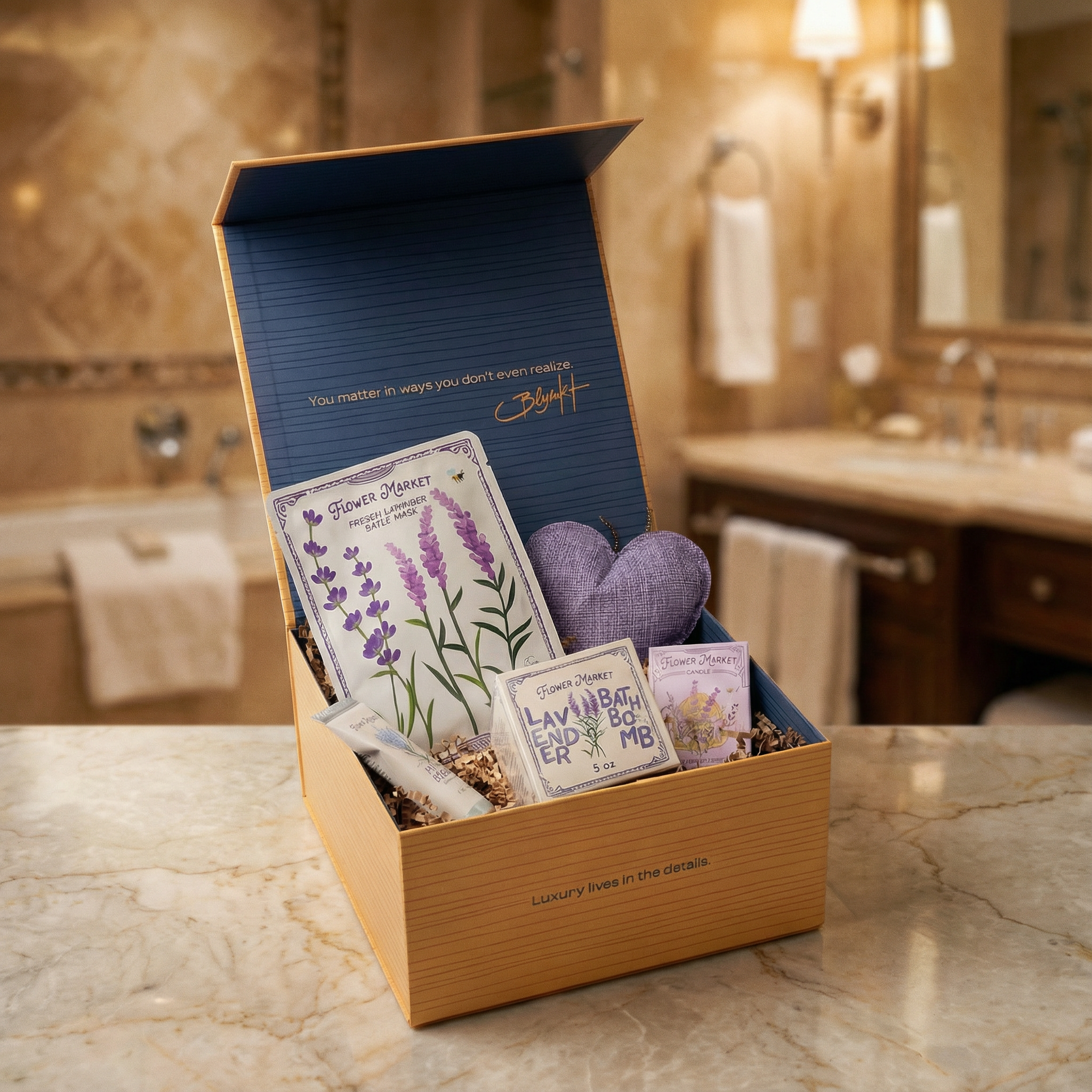 Lavender-themed relaxation box with candle and bath items
