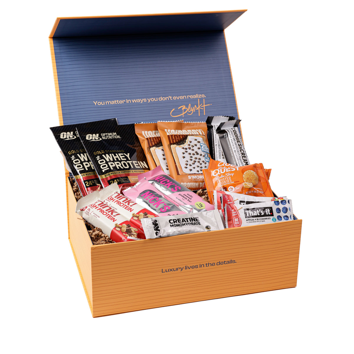 The Healthy Essentials Gift Box with high-protein and low-added-sugar snacks by Blyskt